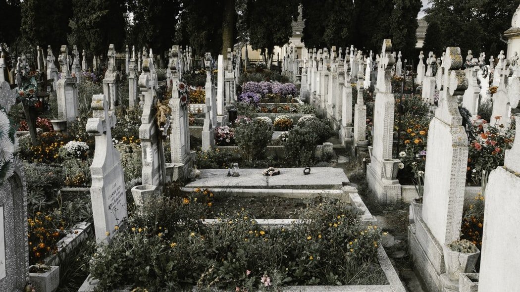 Cemitério com muitas flores em todos os túmulos.