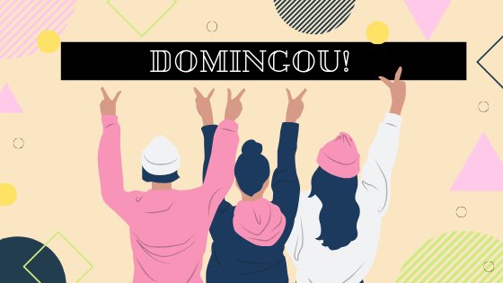 Ilustração de amigos de costas com braços para cima escrito: Domingou!