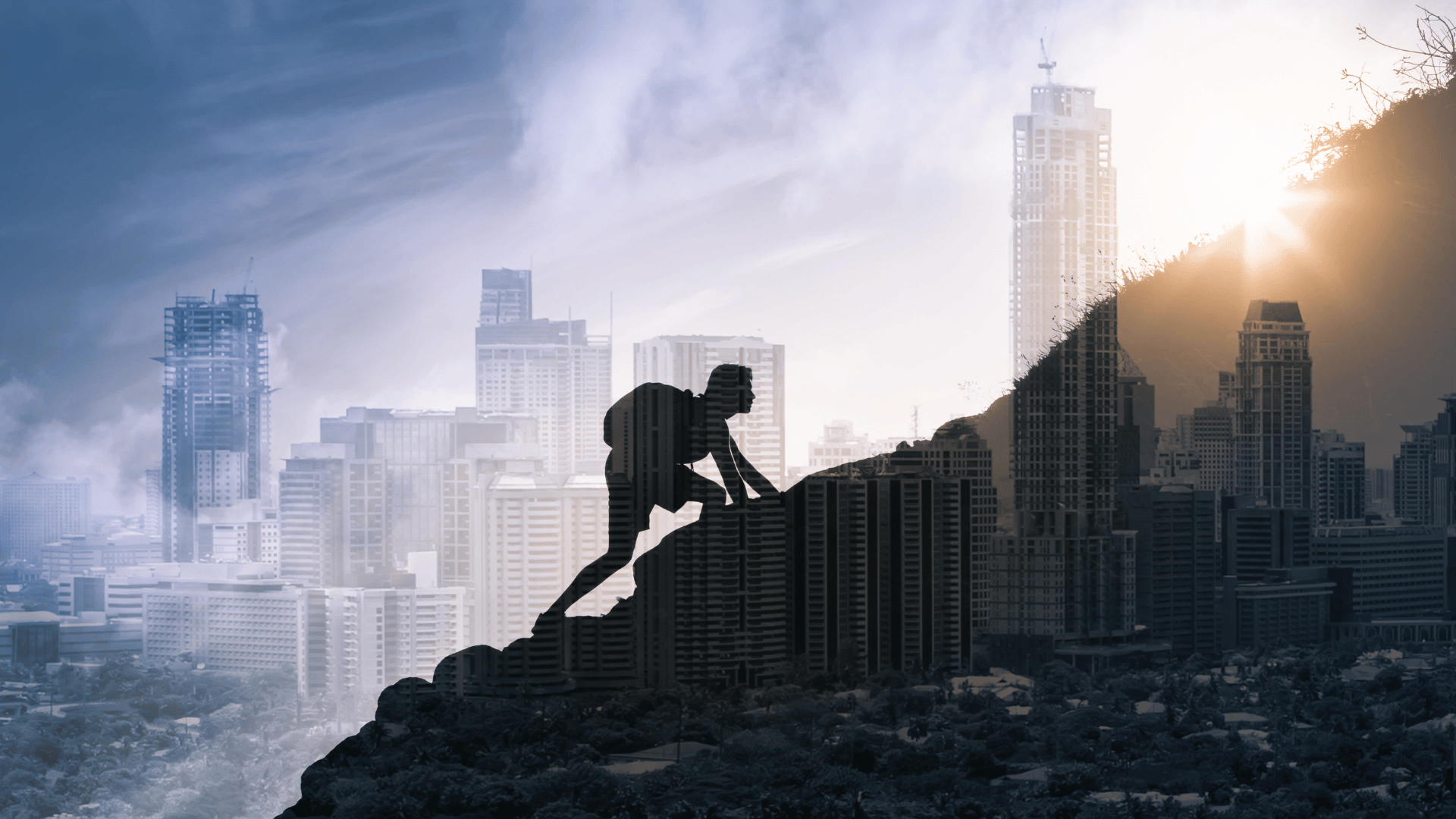 kieferpix de Getty Images / Canva Mulher escalando montanha com fundo de cidade