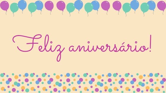 Ilustração com bexigas e bolas decorativas escrito: Feliz aniversário!