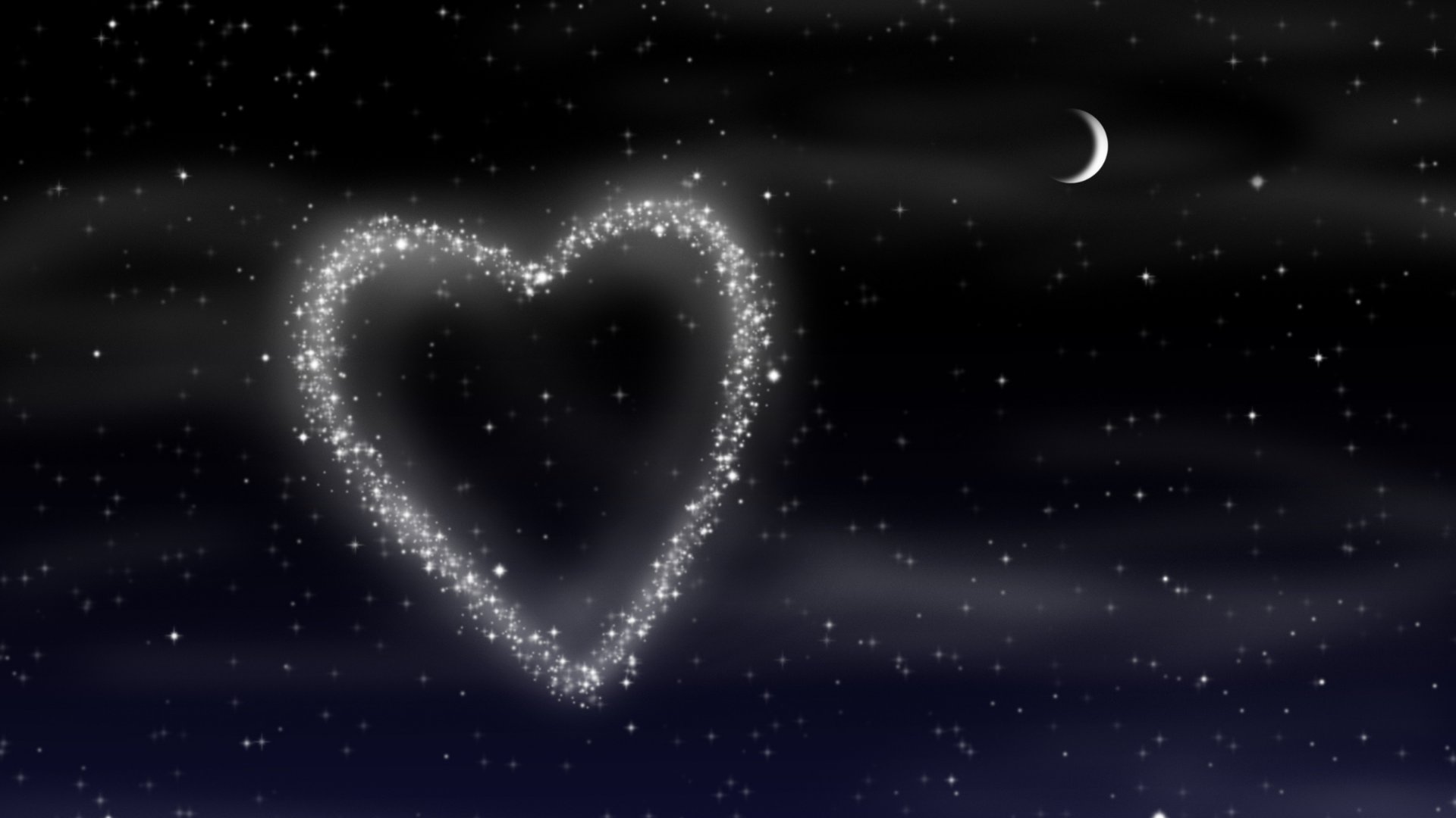 Imagem de um coração formado por estrelas no céu, ao lado de uma lua minguante