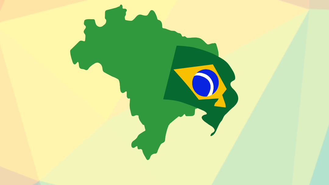 Imagem colorida com cores pastéis de fundo, ilustração do mapa e da bandeira do Brasil no centro.