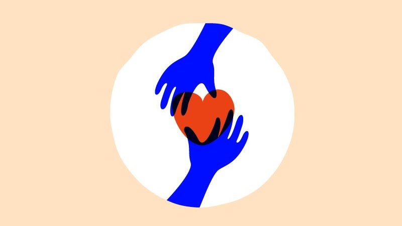 Ilustração de duas mãos segurando um coração sobre fundo bege.