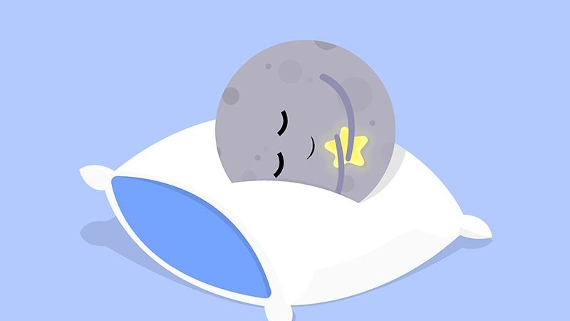 Ilustração de uma lua dormindo em um travesseiro.