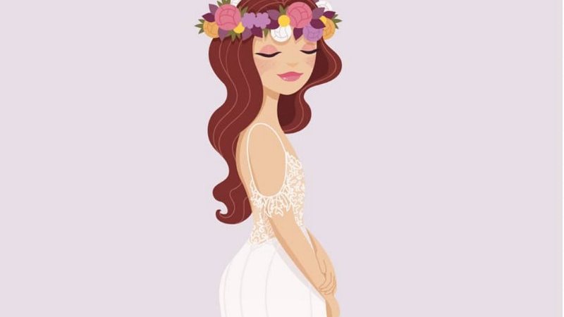 Ilustração de noiva de olhos fechados com coroa de flores.