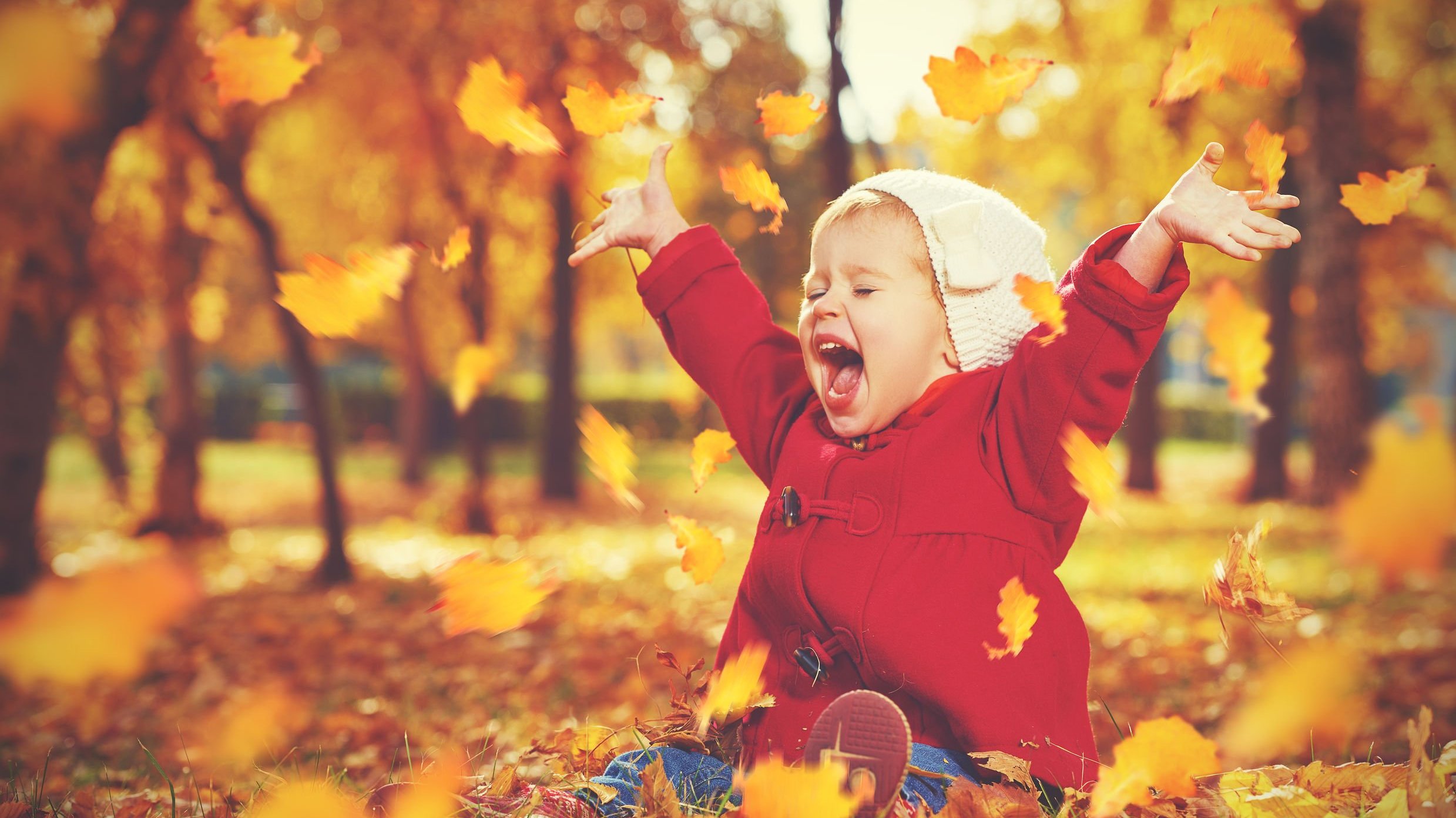 Menina pequena sentada em folhas secas caídas no chão, com os braços para o alto, e a boca aberta em uma risada.