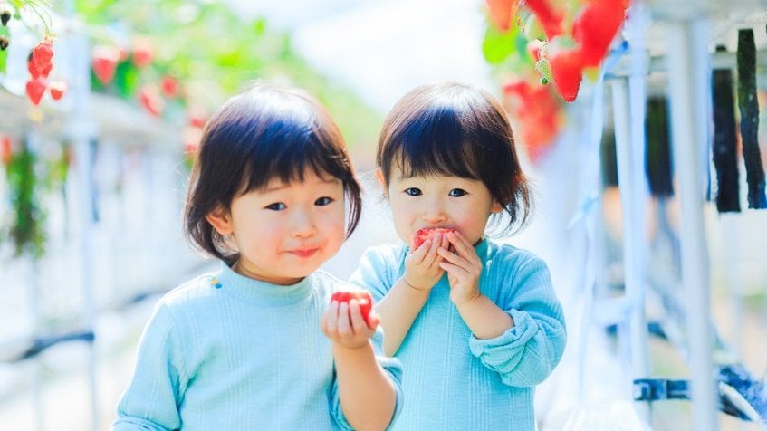 Irmãs gêmeas asiáticas comendo frutas.