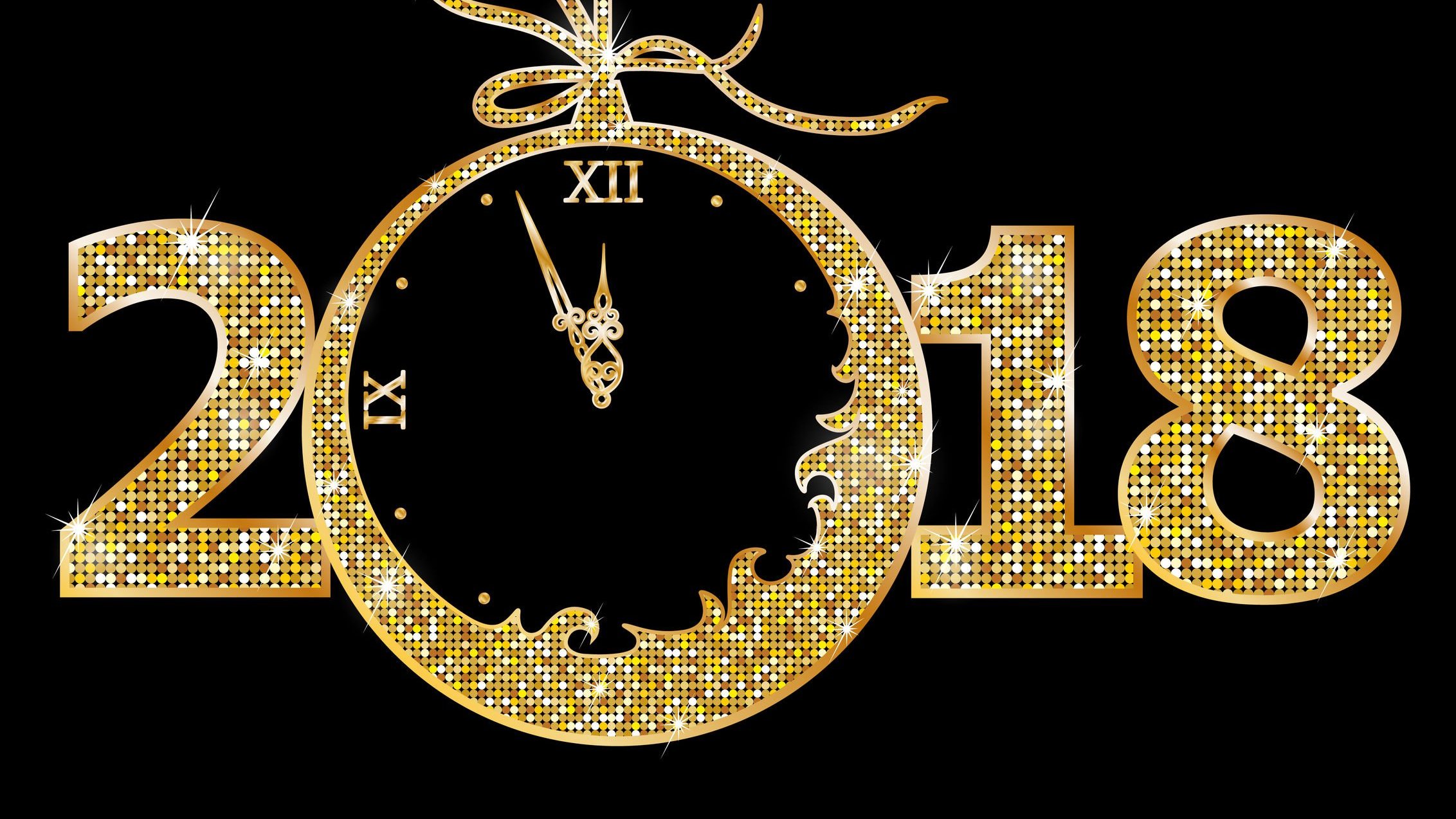 Número 2018 escrito com brilhos dourados, e dentro do número 0, um relógio mostra o horário 11:57.