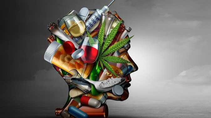 Desenho de cabeça com vários tipos de drogas dentro