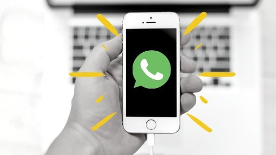 Mão segurando celular em preto e branco e ilustração com logo do whatsapp e luz em volta