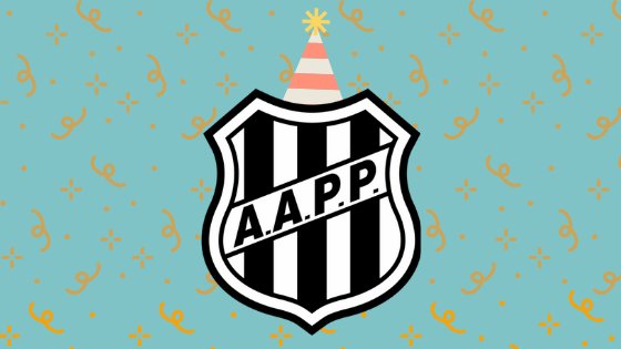 Emblema da Ponte Preta com chapéu de aniversário e confetes