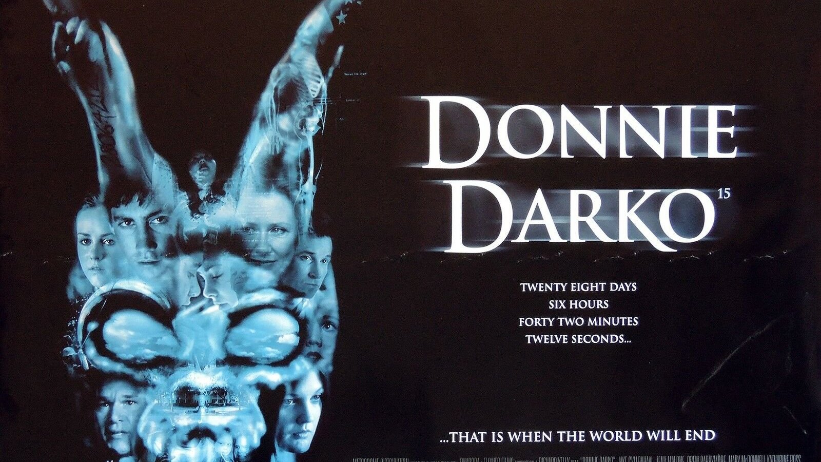 Poster do filme Donnie Darko com a fantasia de coelho de Frank, e sombras de todos os personagens dentro dela.