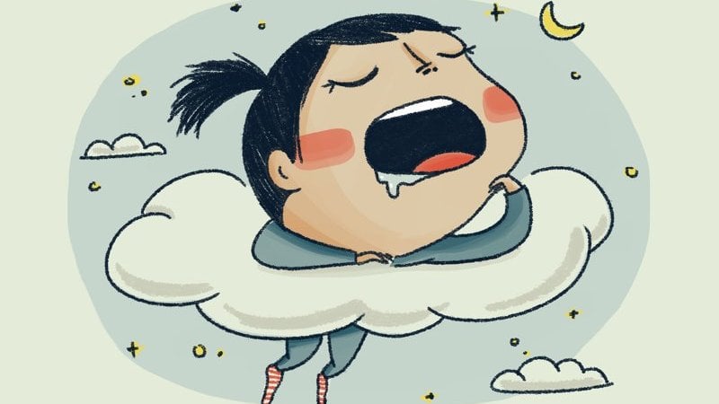 Ilustração de uma menina dormindo sobre uma nuvem, à noite.