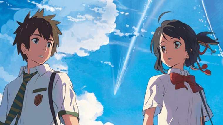 Cena do filme Your name com dois personagens, um menino e uma menina