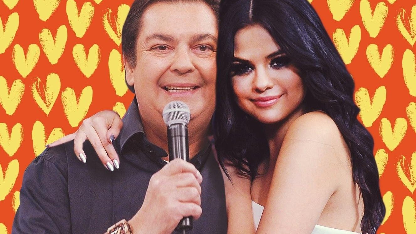 Montagem de Fausto Silva abraçando Selena Gomez