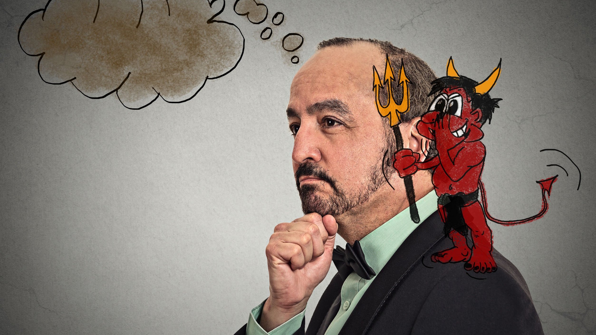123RF Homem pensativo com desenho de diabinho cochichando em seu ouvido