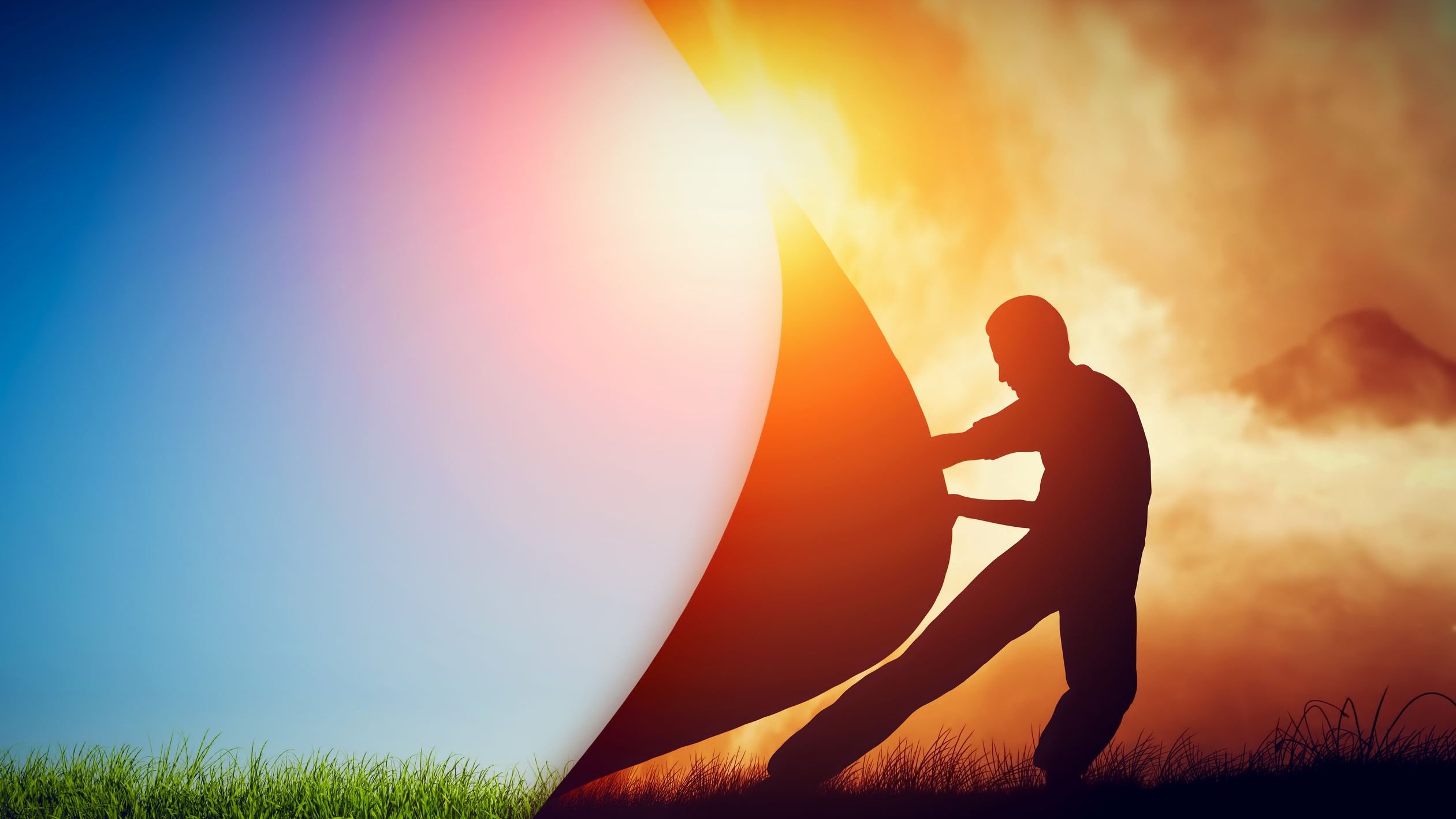 Ilustração gráfica de silhueta de homem puxando pano mudando a paisagem de dia nublado para dia de sol