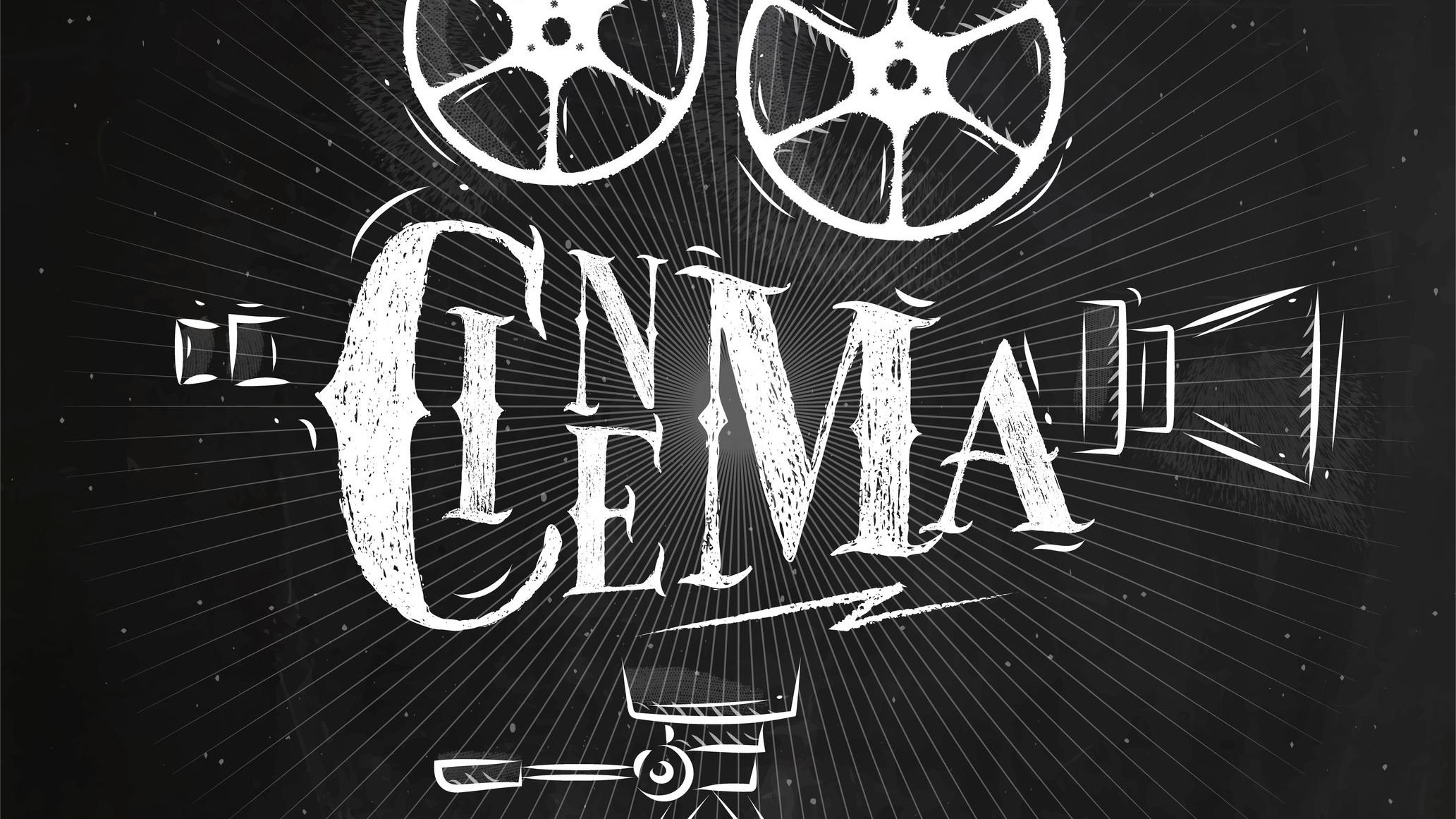 Ilustração da palavra cinema com as letras formando uma câmera