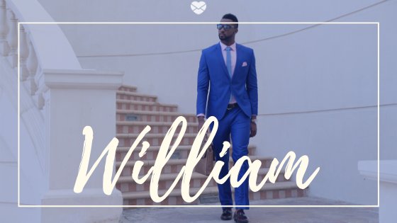 Montagem com foto de homem negro, usando terno azul, descendo escadas, e o nome William escrito em branco.