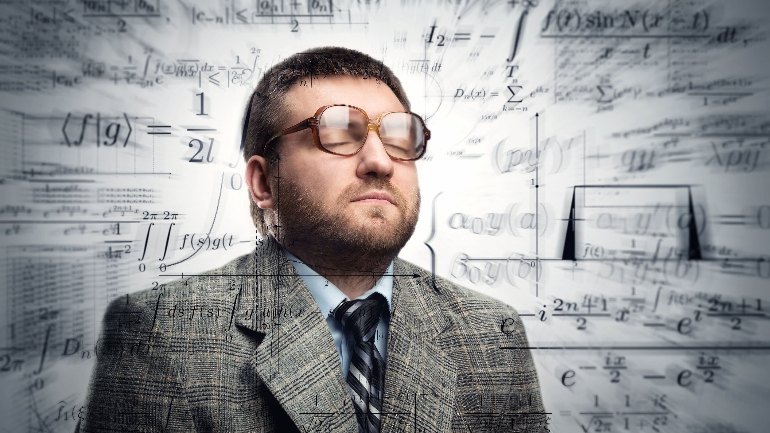 Homem de olhos fechados, usando óculos de grau, cercado por números e símbolos matemáticos