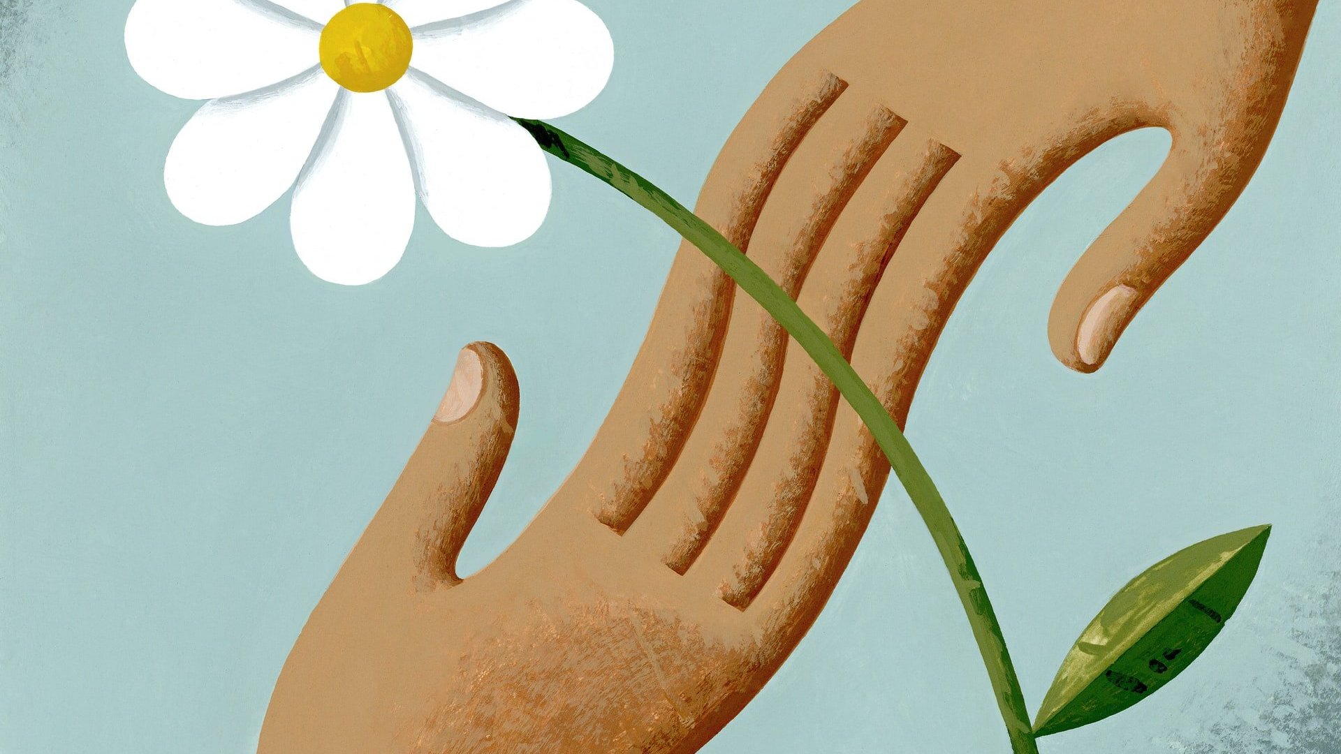 Ilustração de duas mãos negras de tom claro unificadas, com uma flor tipo margarida branca por cima.