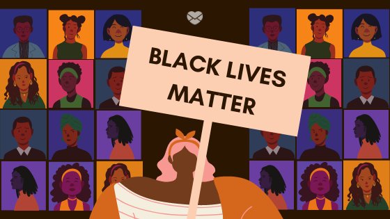 Ilustração de uma mulher segurando uma placa escrito Black Lives Matter