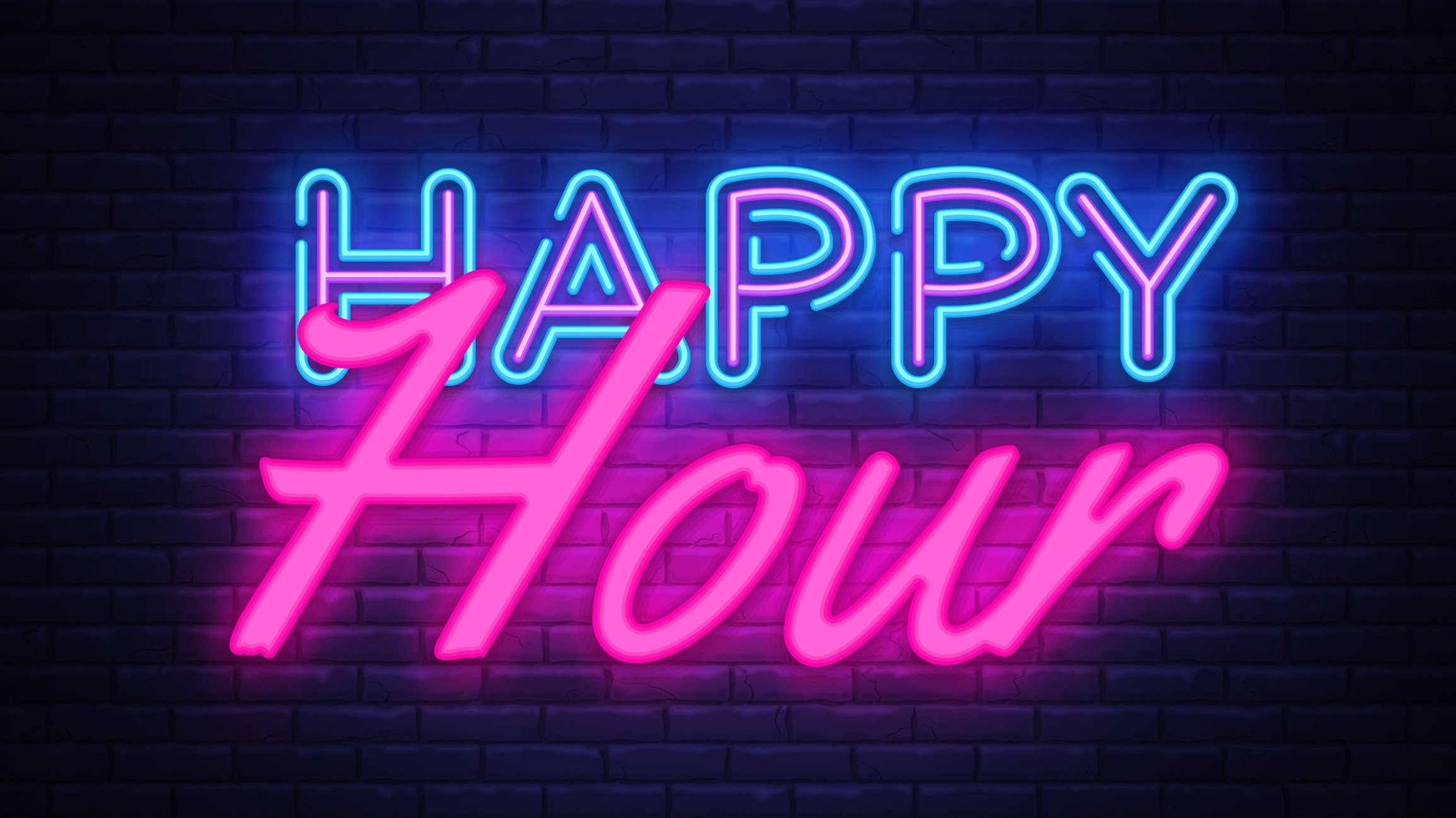 Happy hour escrito em ilustração gráfica de letreiro neon.