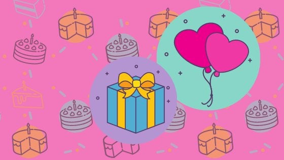 Dominik HladÃk /123RF Feliz aniversário escrito em inglês e caixa saindo balões.