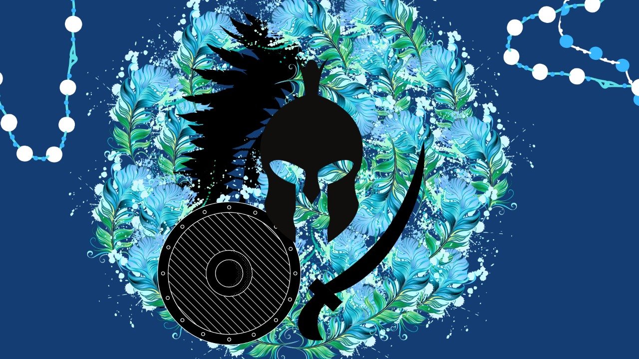 Capacete, escudo e espada pretos sobre fundo azul com flores e colares