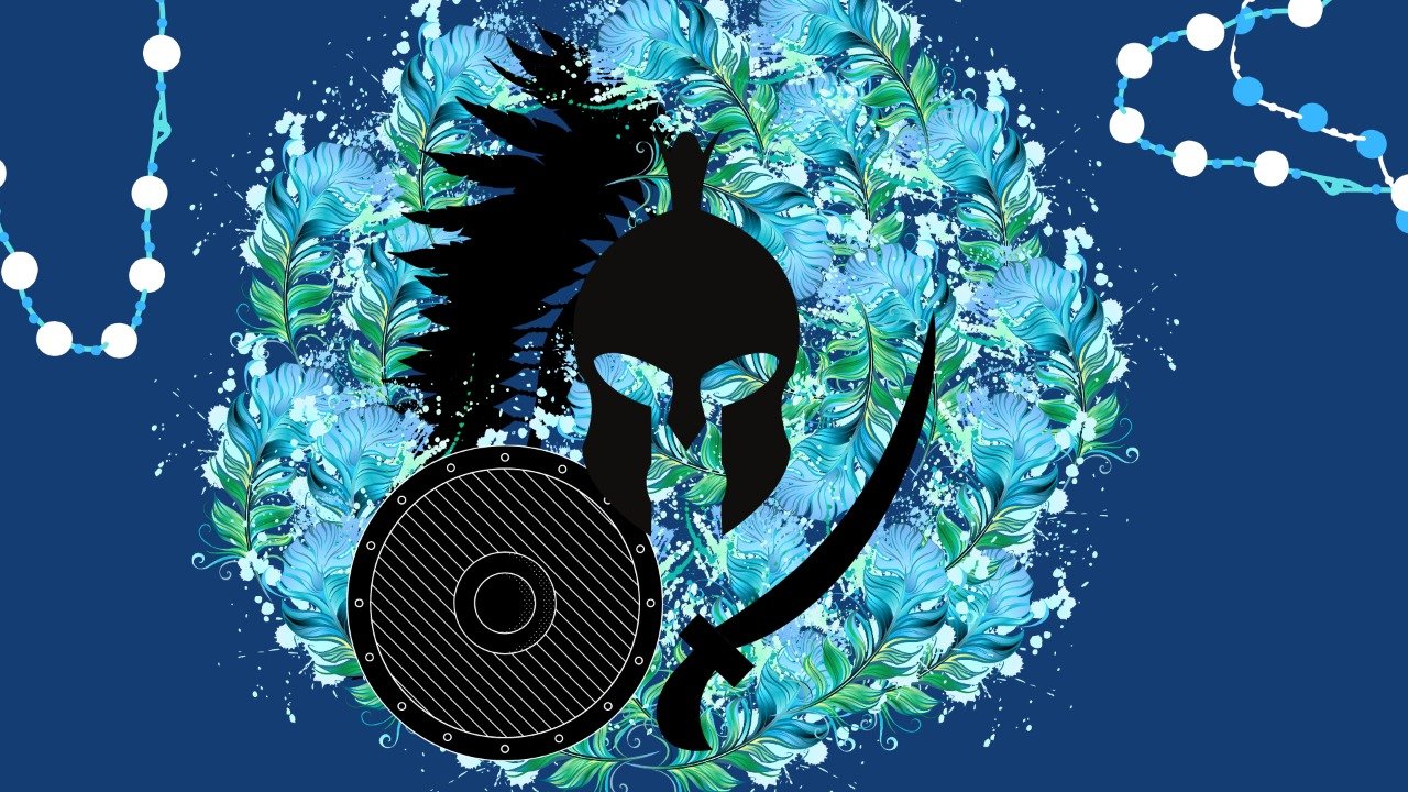 Mensagens com Amor / Canva Capacete, escudo e espada pretos sobre fundo azul com flores e colares