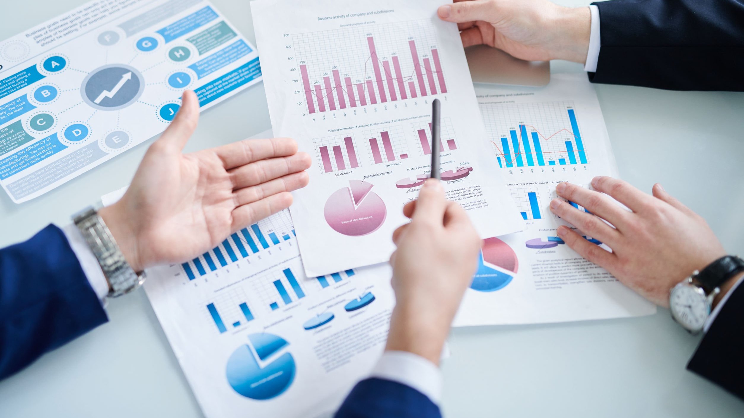 Dmitrii Shironosov/ 123RF Mãos de economista apontando para gráfico.