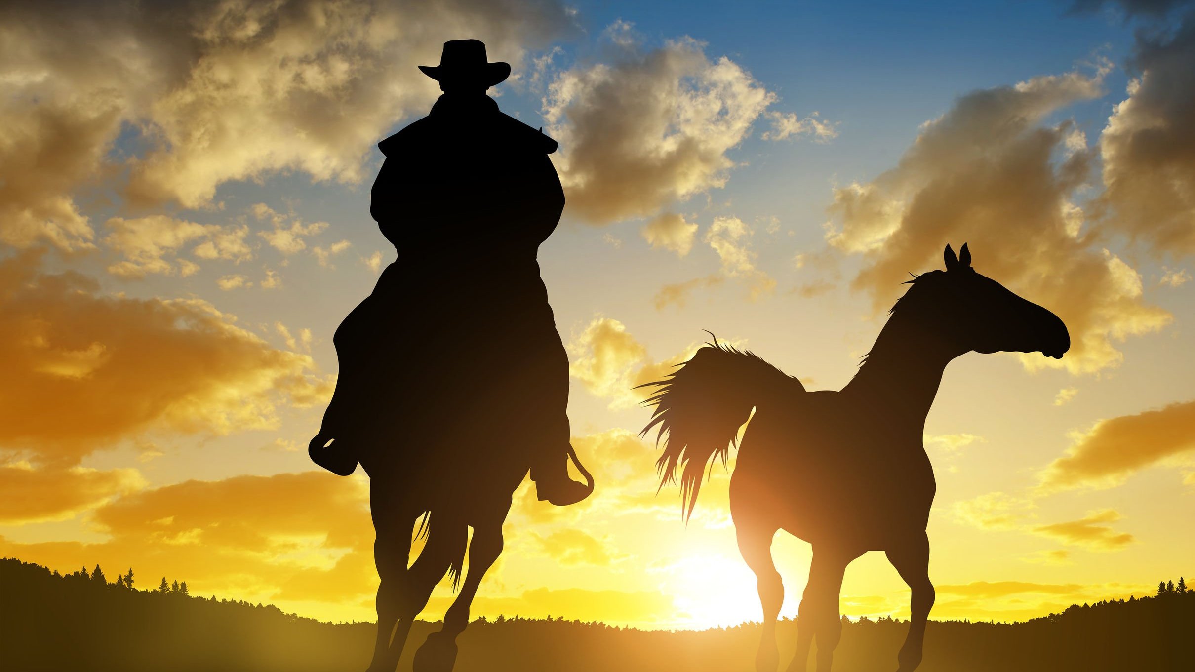 Silhueta de homem sobre cavalo ao pôr do sol