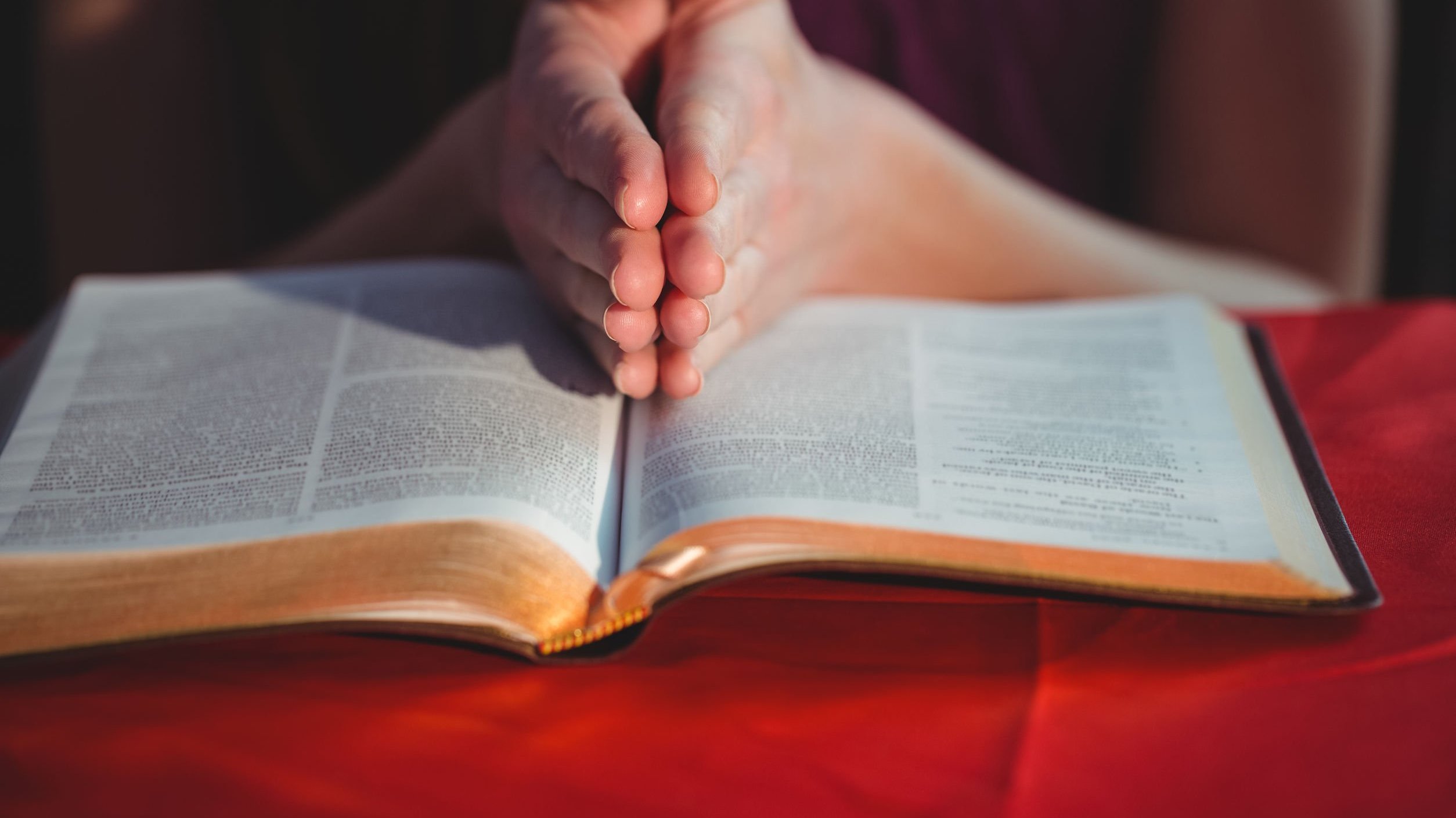 Mão de pessoa orando em cima de bíblia.