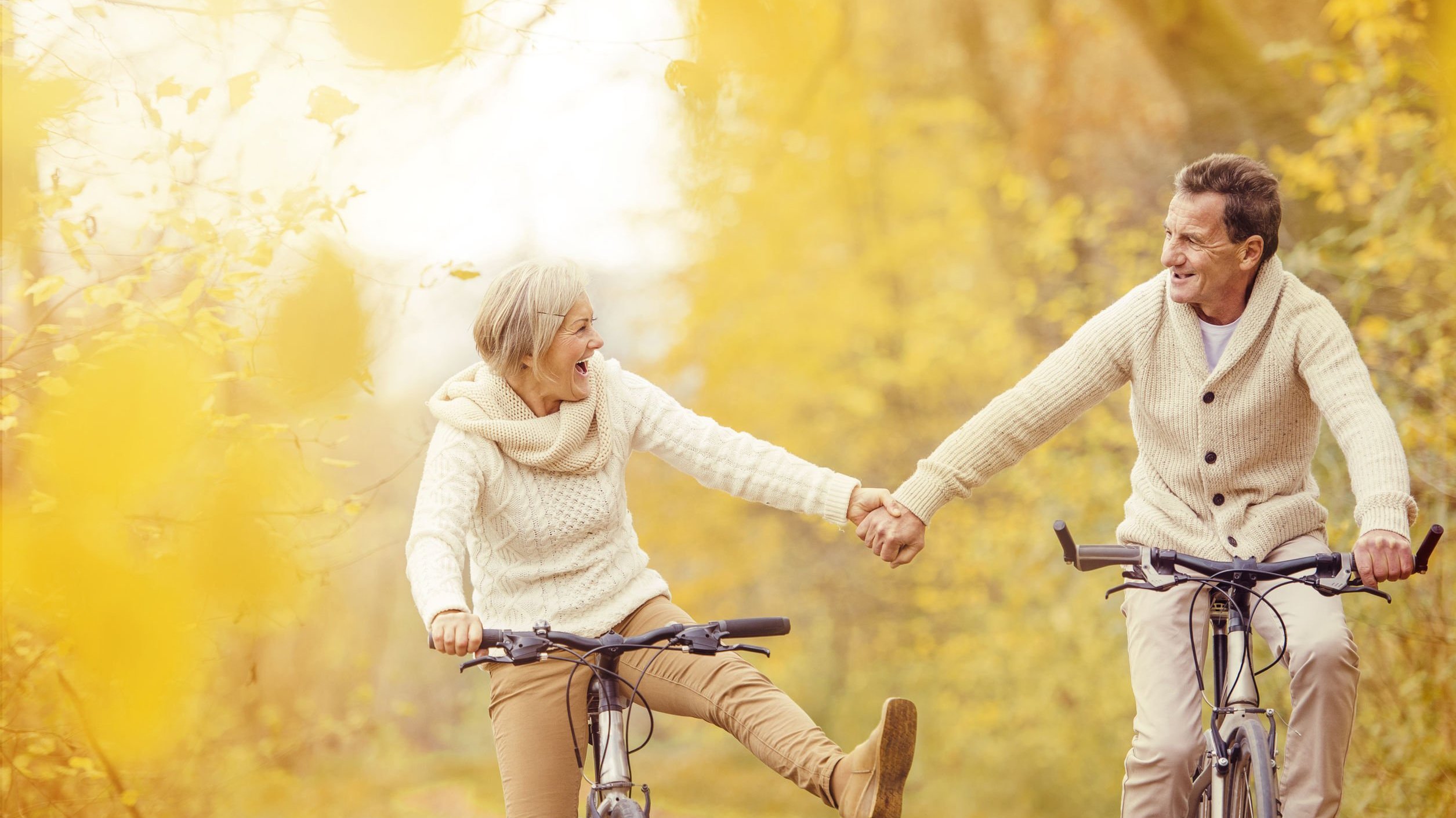 Casal de idosos andando de bicicleta em parque, com  as mãos dadas.