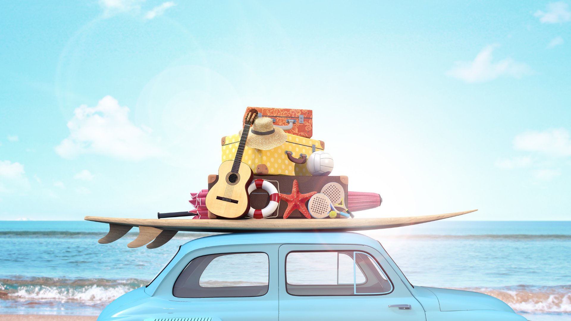 Carro com bagagem de férias como prancha, violão etc no bagageiro de teto