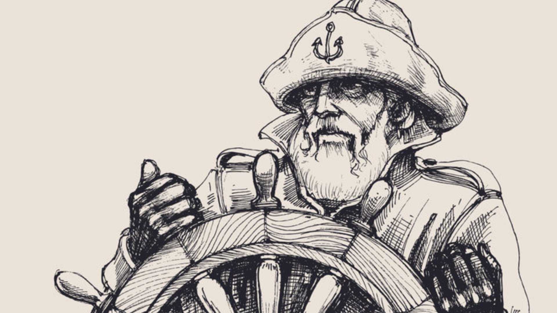 Ilustração de um marinheiro manuseando a roda do leme