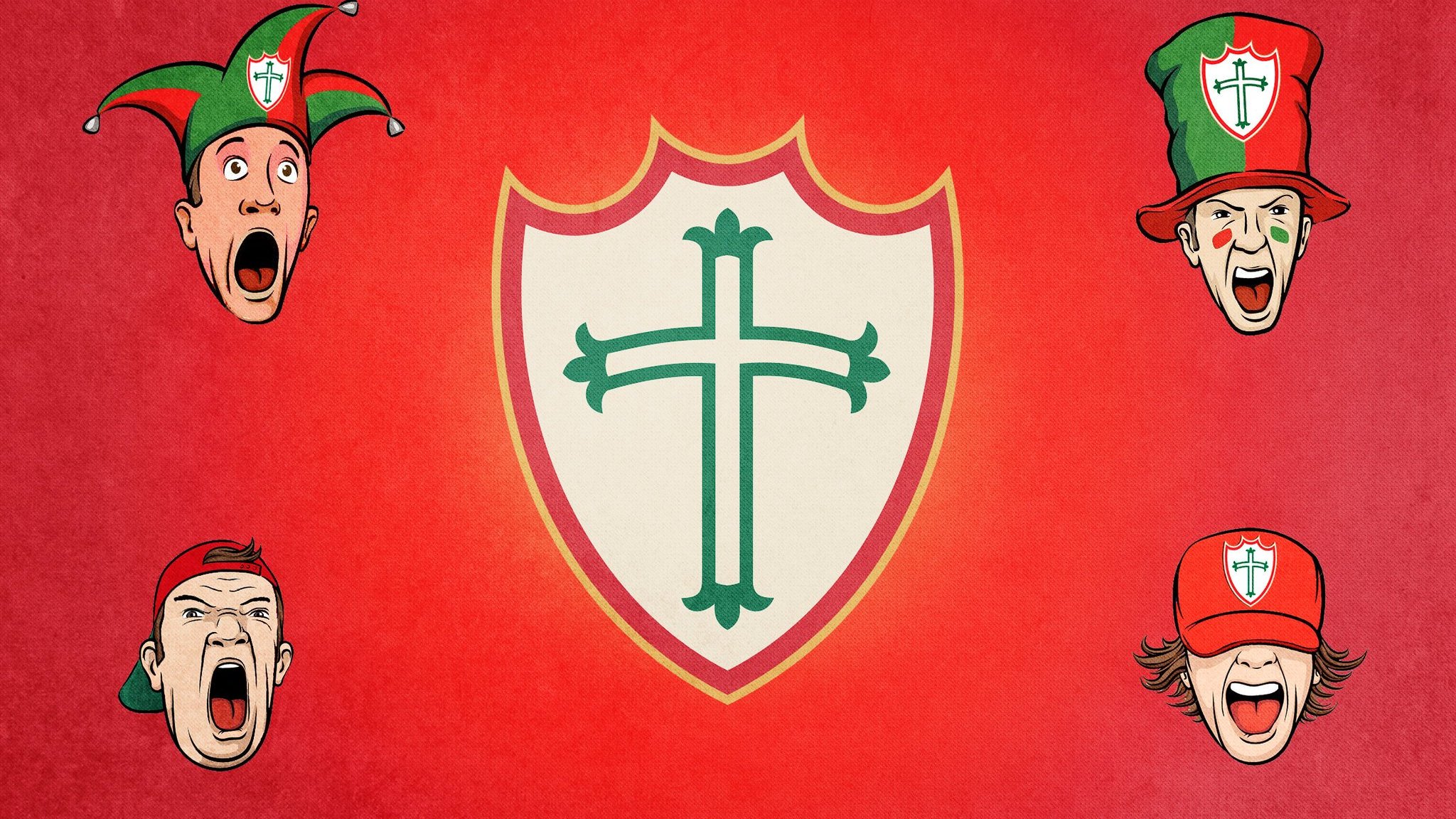 Montagem gráfica de símbolo da Portuguesa cercado por rostos de torcedores.