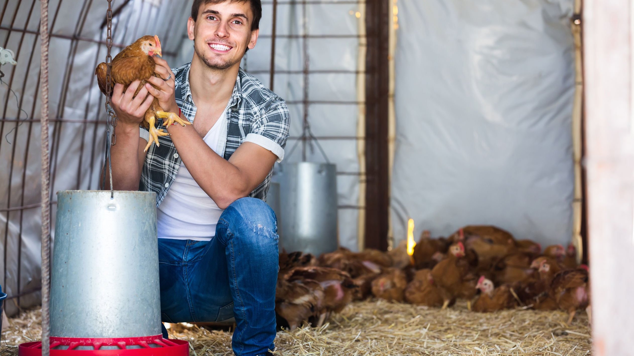 Homem sorrindo, segurando galinha.