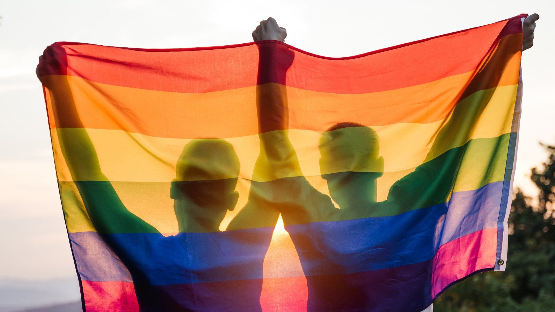 Silhueta de casal homoafetivo segurando a bandeira LGBTQI+