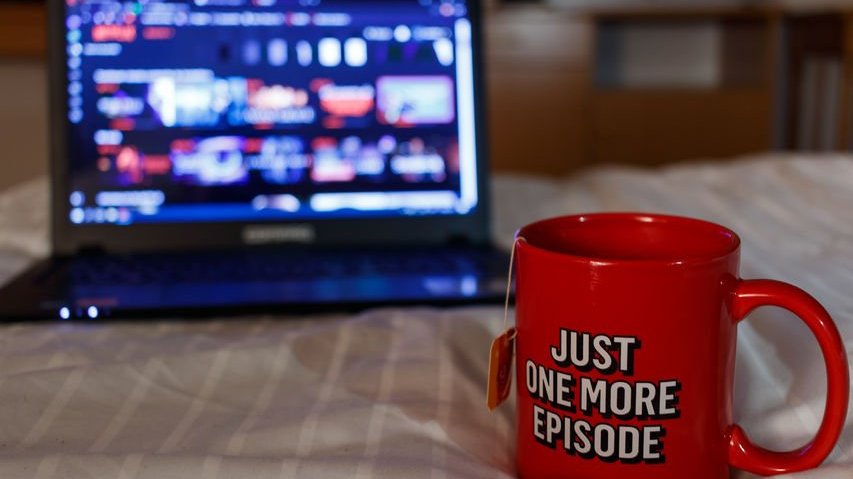 Notebook com Netflix aberto e xícara com os dizeres Só Mais Um Episódio em inglês