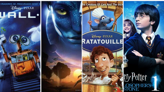 Pôster dos filmes Wall-e, Avatar, Ratatouille e Harry Potter - A Pedra Filosofal