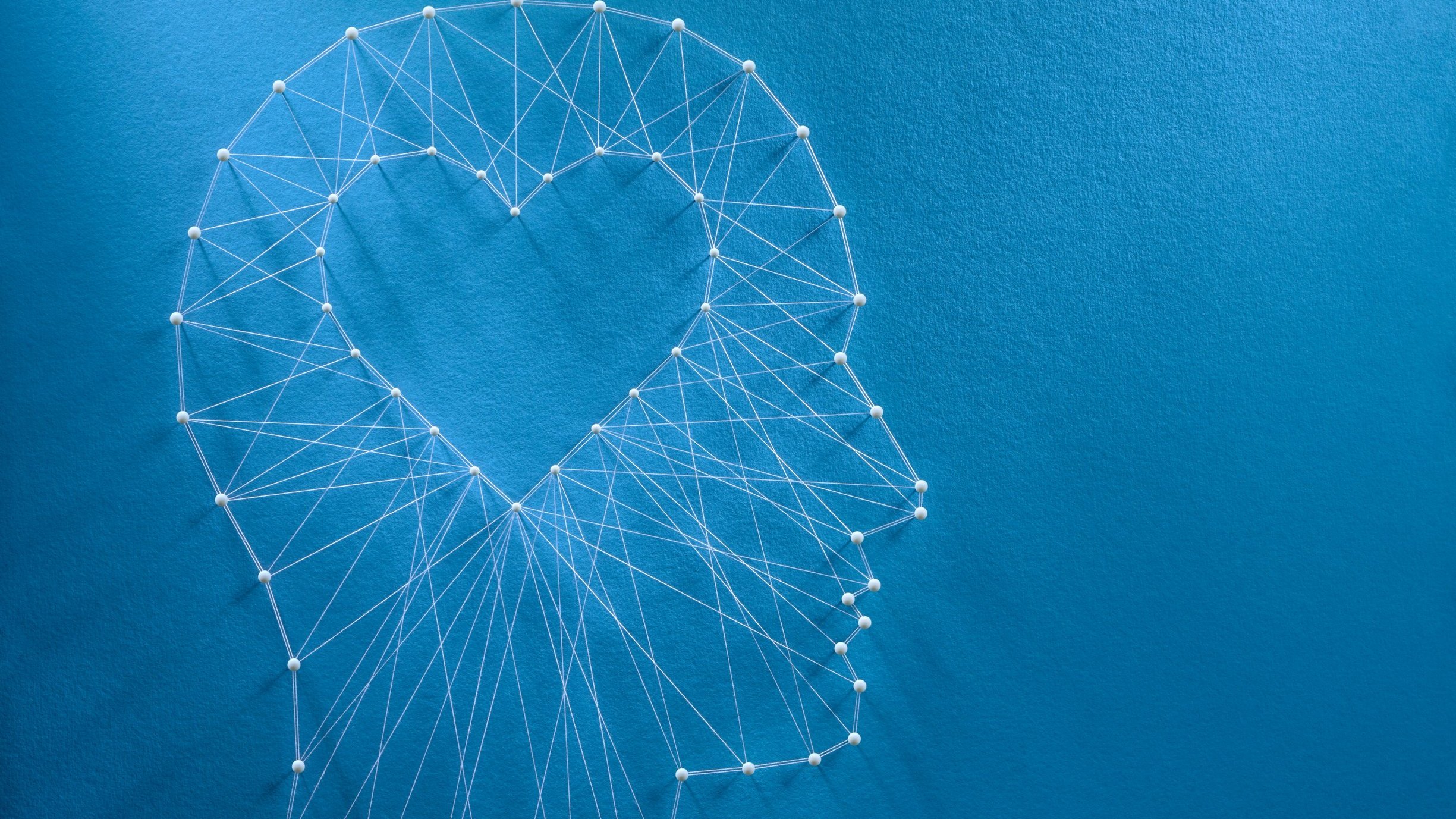 Rede de alfinetes e fios em forma de coração recortado dentro de uma cabeça humana.
