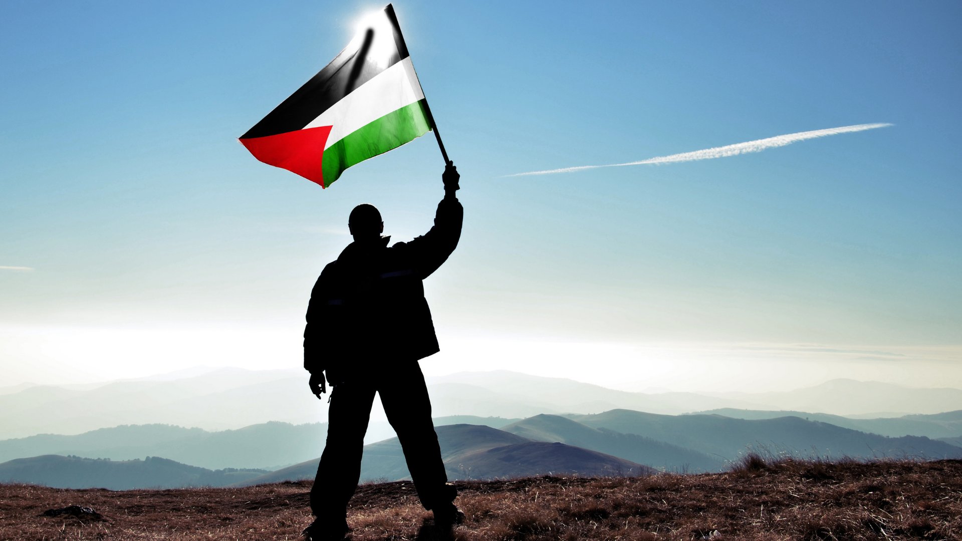 Uma silhueta de uma pessoa erguendo uma bandeira da Palestina.