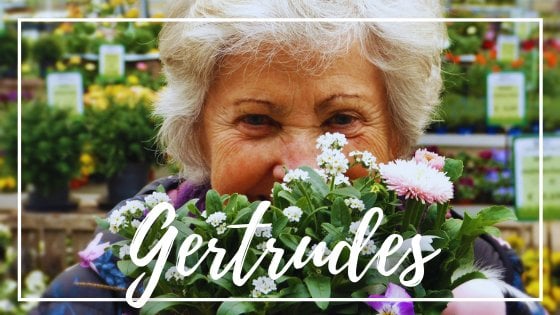 silviarita / Pixabay / Mensagens com Amor / CanvaPro Mulher idosa branca sorrindo atrás de um arranjo de flores pequenas com escrito