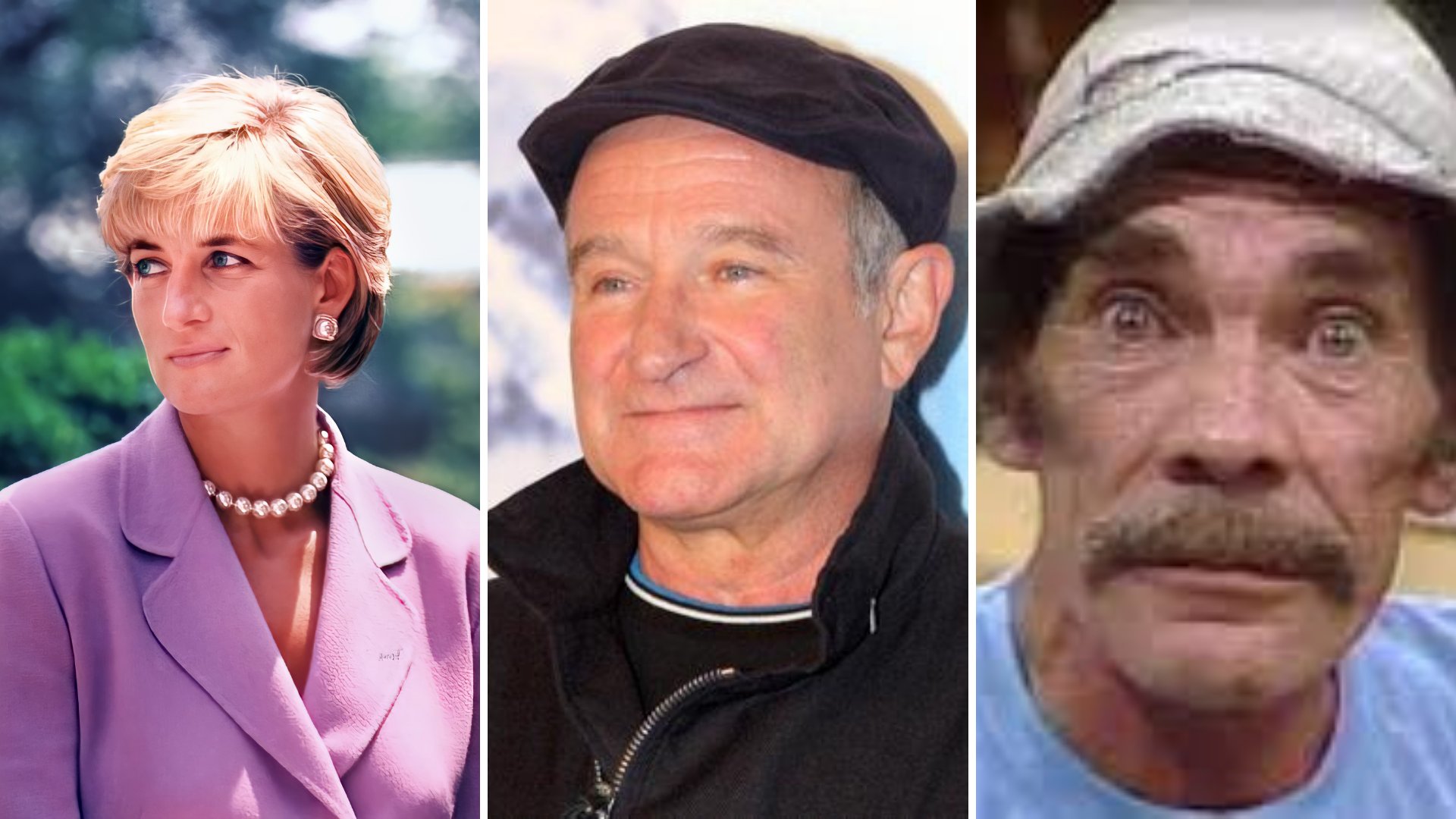 Imagem em grid com a Princesa Diana, Robin Williams e Ramón Valdés