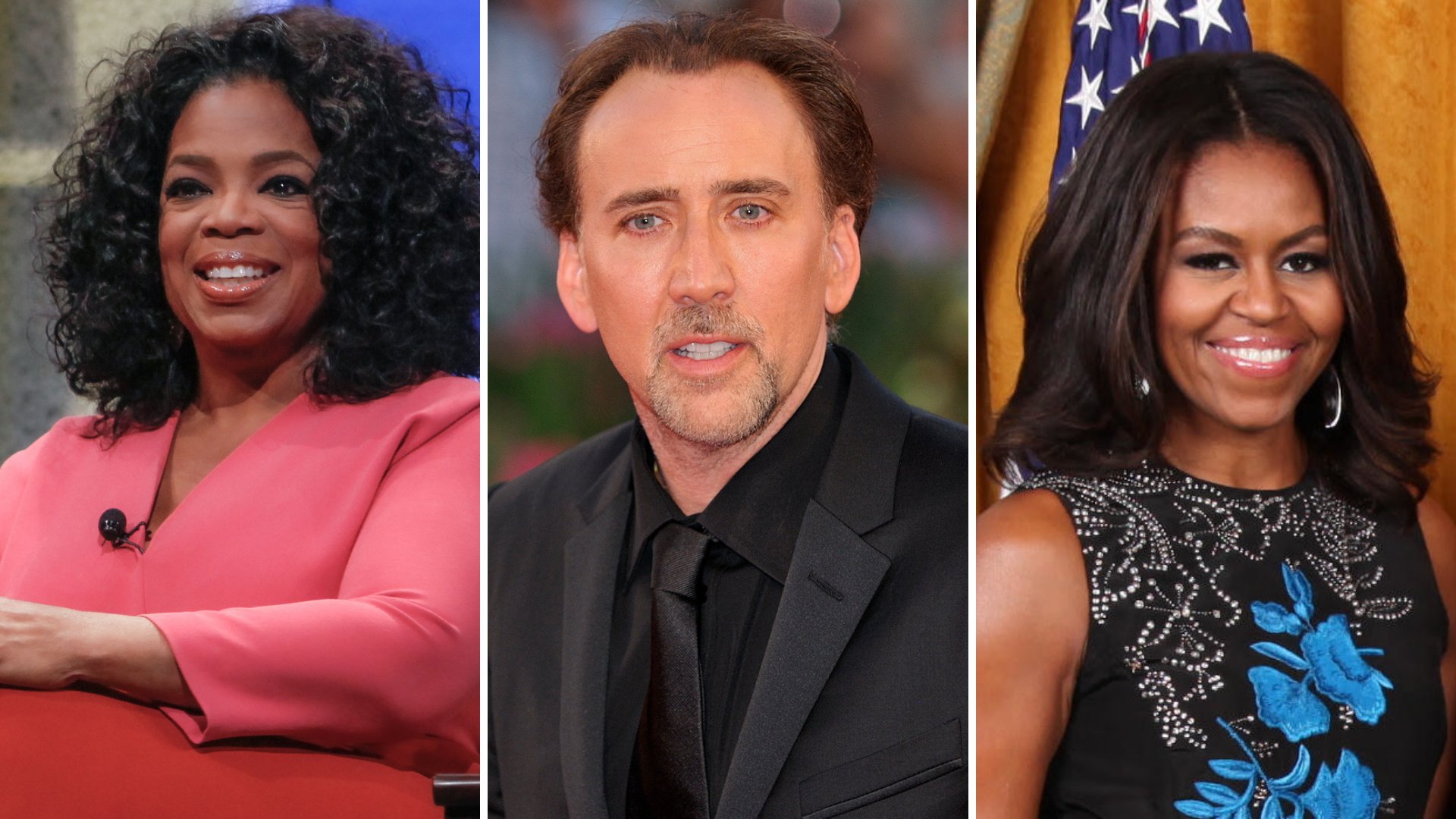 Gride com imagens de Oprah Winfrey, Nicolas Cage e Michelle Obama