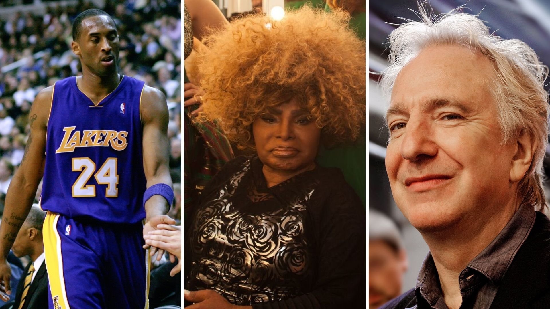 Imagem em grade do jogador Kobe Bryant, da cantora Elza Soares e do ator Alan Rickman