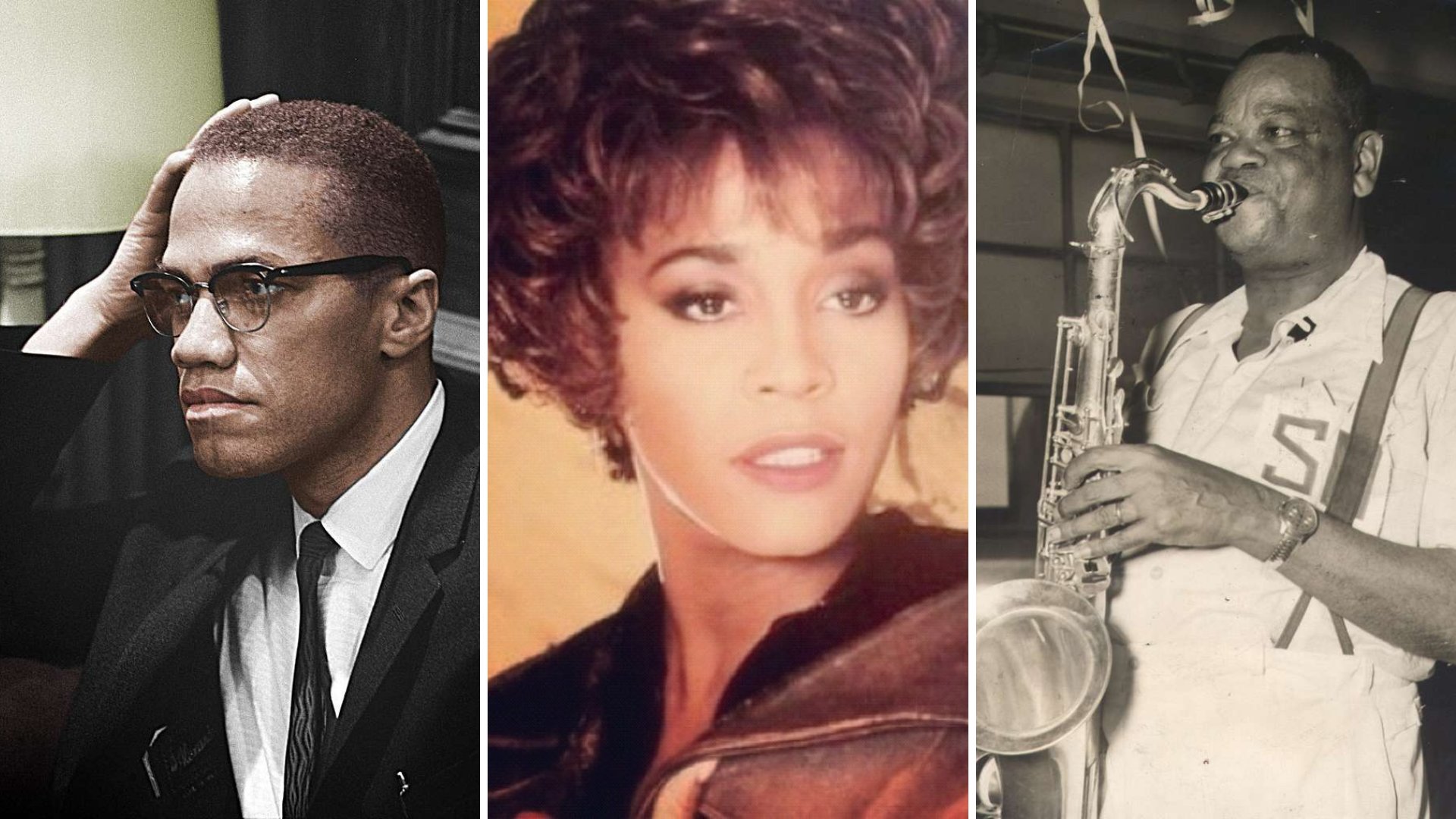 Imagem em gride do ativista Malcolm X, da cantora Whitney Houston e do músico Pixinguinha
