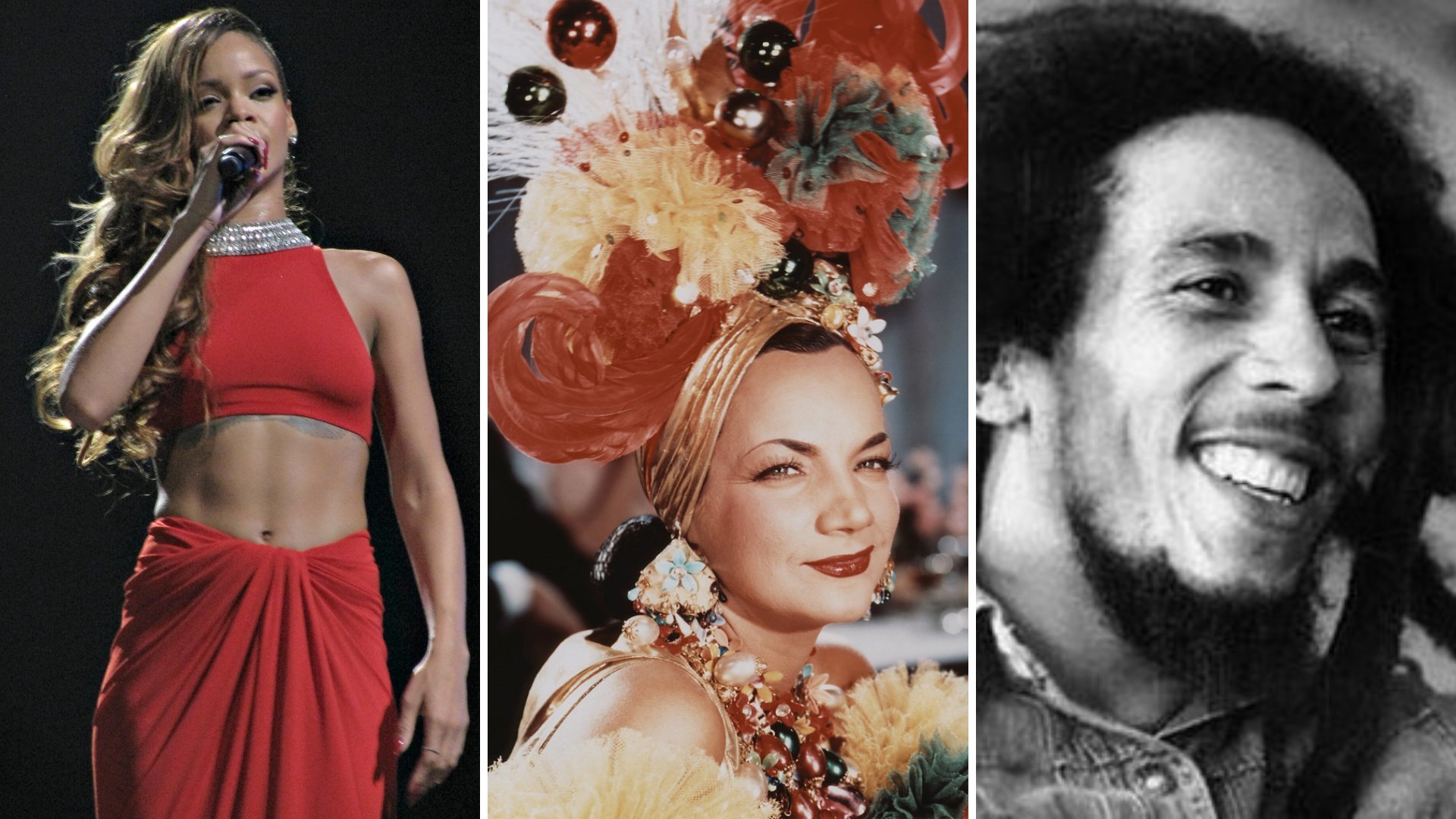 Imagem em gride da cantora Rihanna, da atriz e cantora Carmen Miranda e do cantor Bob Marley