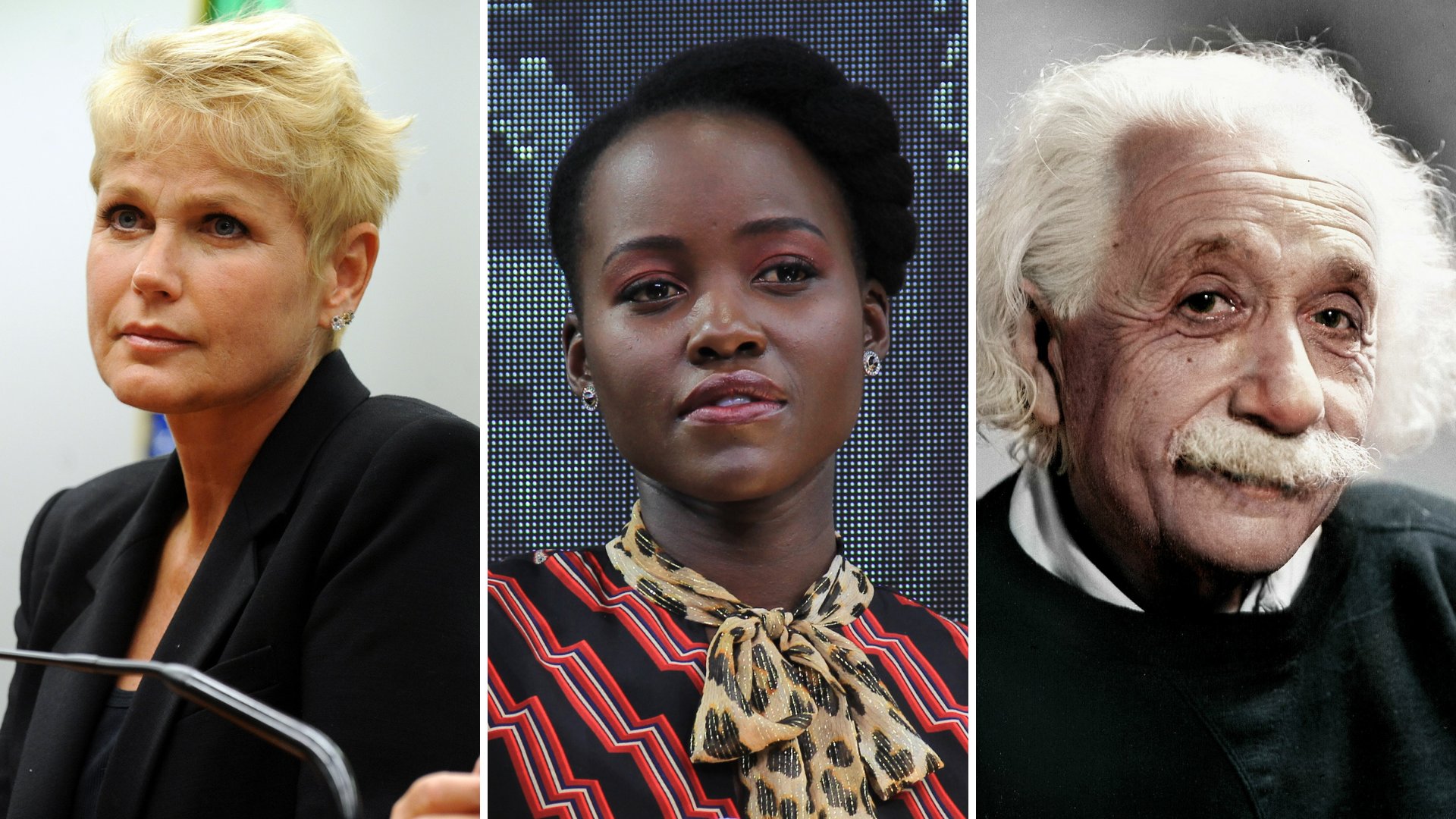 Imagem em gride da apresentadora de tv Xuxa, da atriz Lupita Nyong’o e do físico Albert Einstein